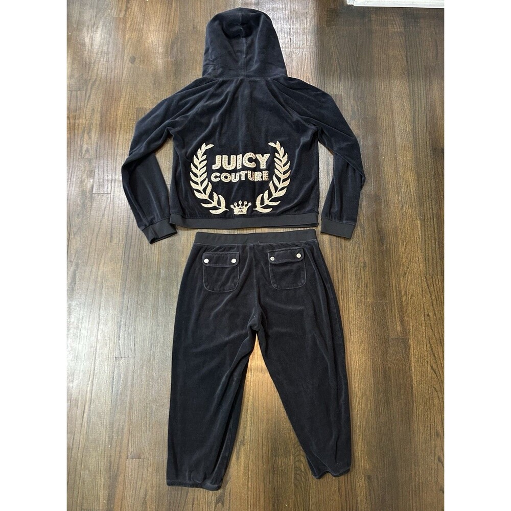 Juicy Couture Y2K Black Gold Bling Velour Capri Tracksuit Set Pants M Zip Up XL